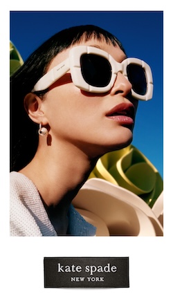 photo of a model wearing Kate Spade Sunglasses with a "Kate Spade New York" logo block below